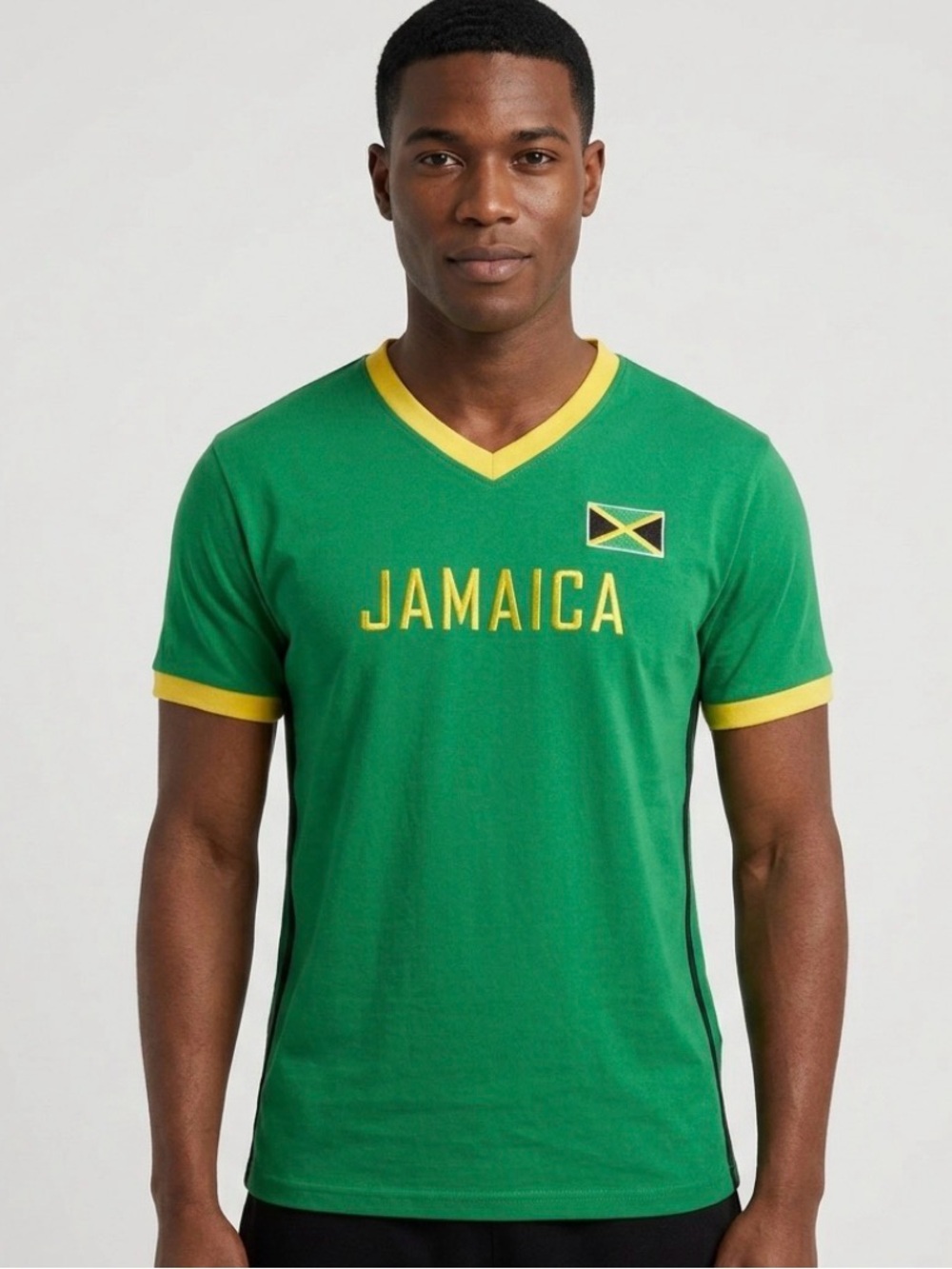 Jamaica Ringer Tee Shirt Green Yellow V-Neck Embroidered Flag Men's Junior XXL